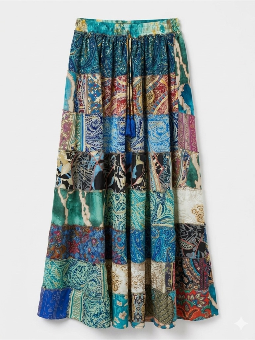 Bohemian White Waves Patchwork 100% Silk Maxi Skirt Cottagecore